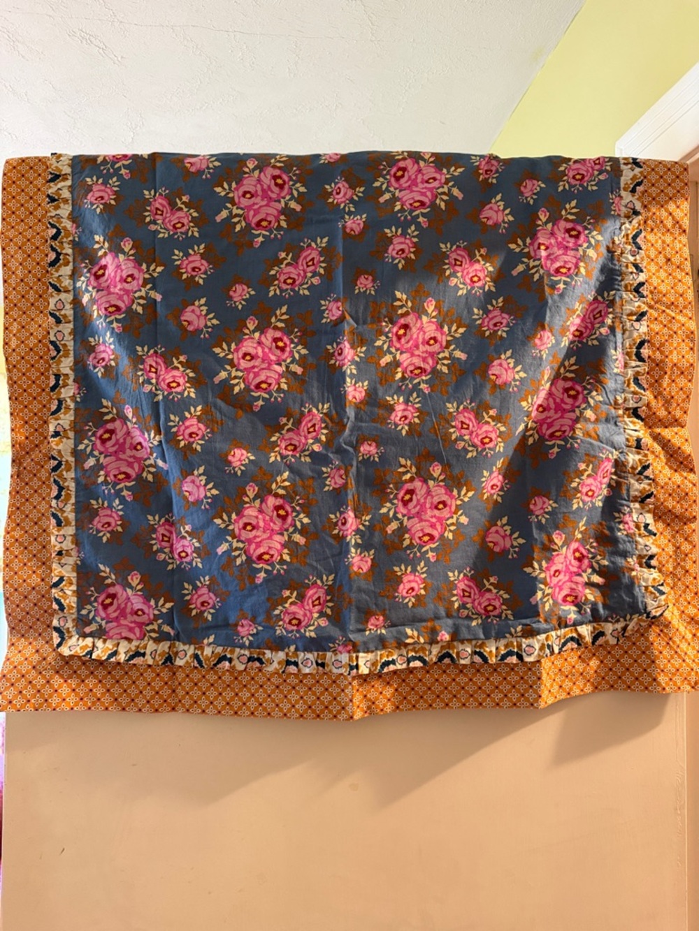 Matilda Jane Floral Pillow Sham in Blue and Pink with Gold Border